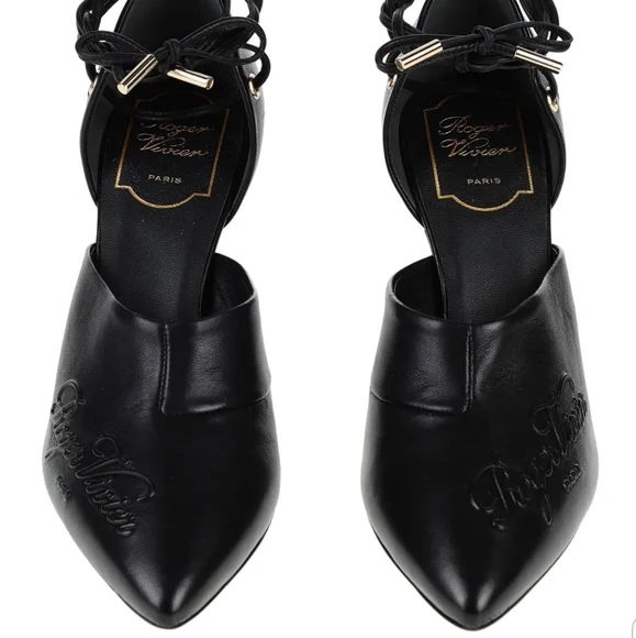 Roger Vivier Logomania Leather Pointed Toe Lace Up Heel Pumps Size 38.5 - Picture 5 of 12